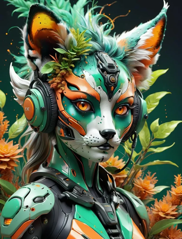 Cyberpunk-themed anthropomorphic robot cat wearing headphones, with vibrant colors and detailed design elements. AI generated image using stable diffusion.